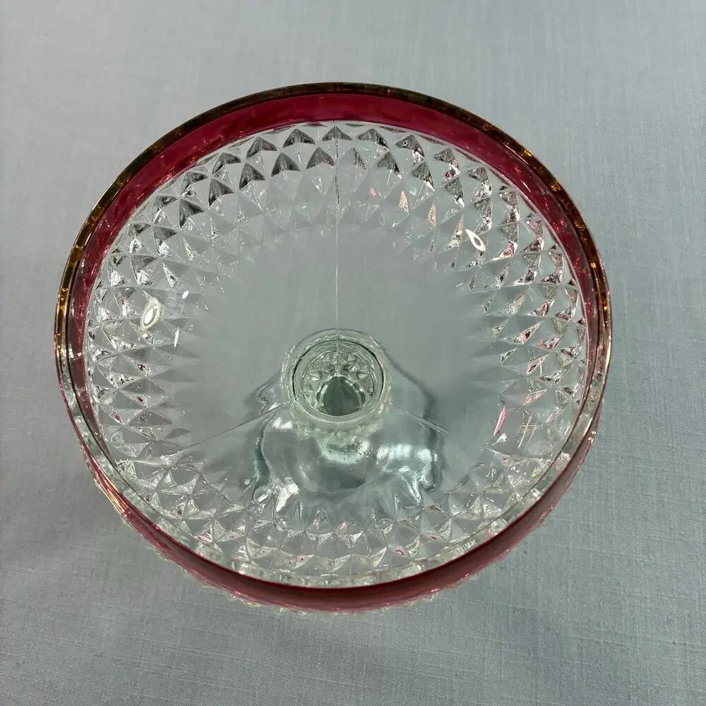 Vintage Ruby Flash Glass Pedestal Compote Candy Dish Bowl Diamond Point Clear